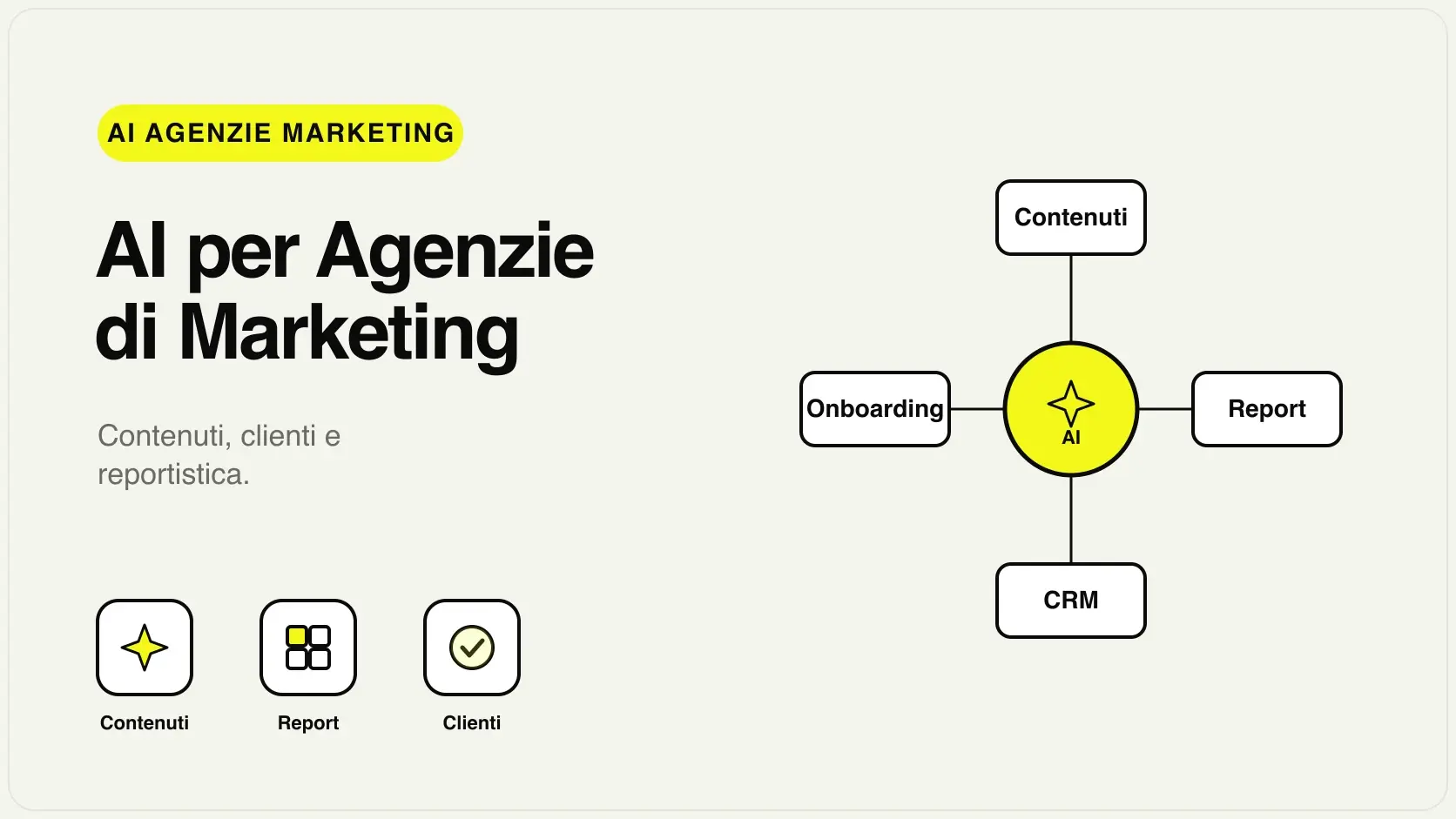 Illustrazione dell'AI per agenzie di marketing che accelera bozze contenuti, reportistica clienti, onboarding e follow-up mantenendo la revisione umana