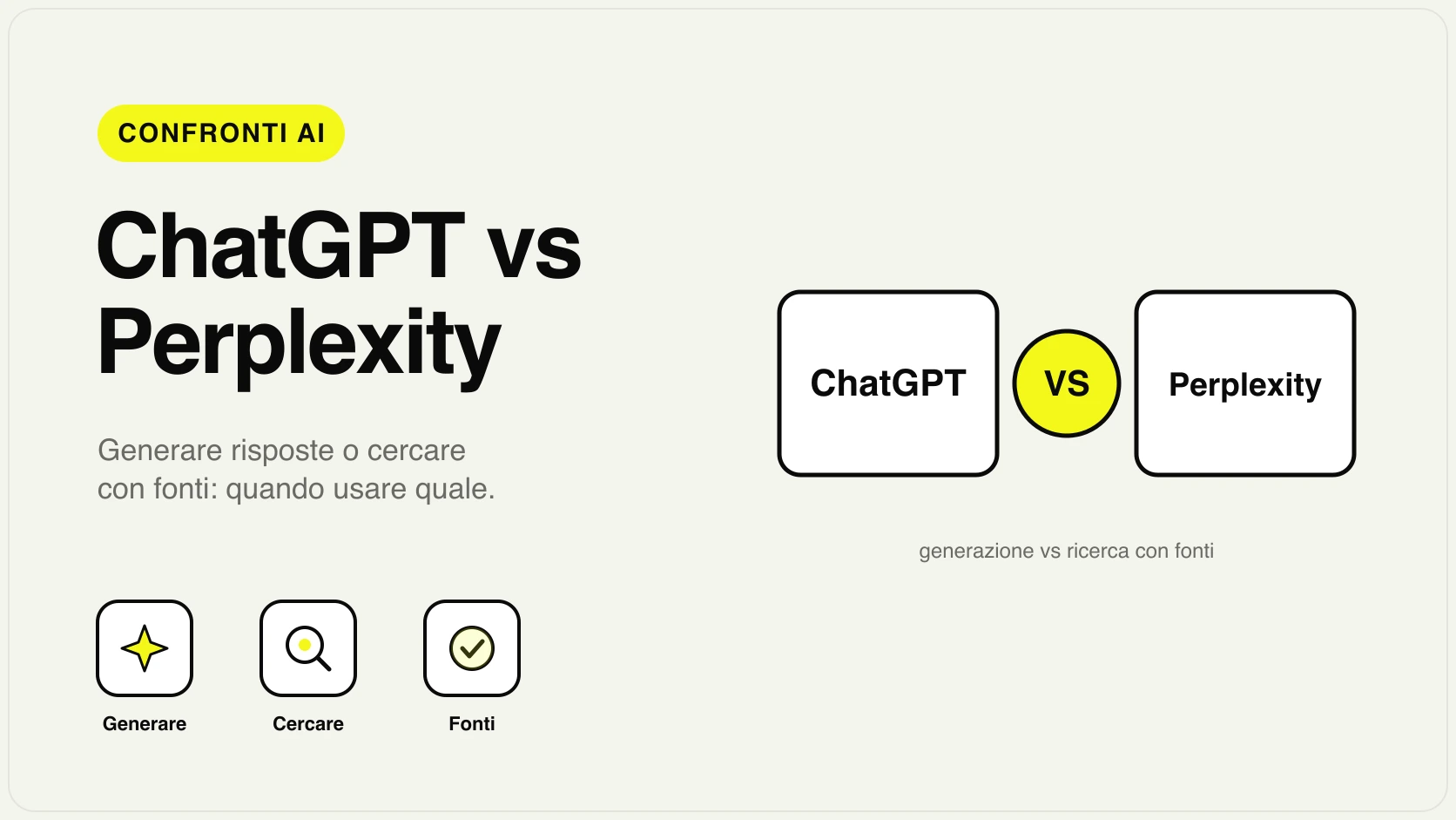 Confronto ChatGPT vs Perplexity: a sinistra la generazione di una risposta, a destra una ricerca con fonti citate