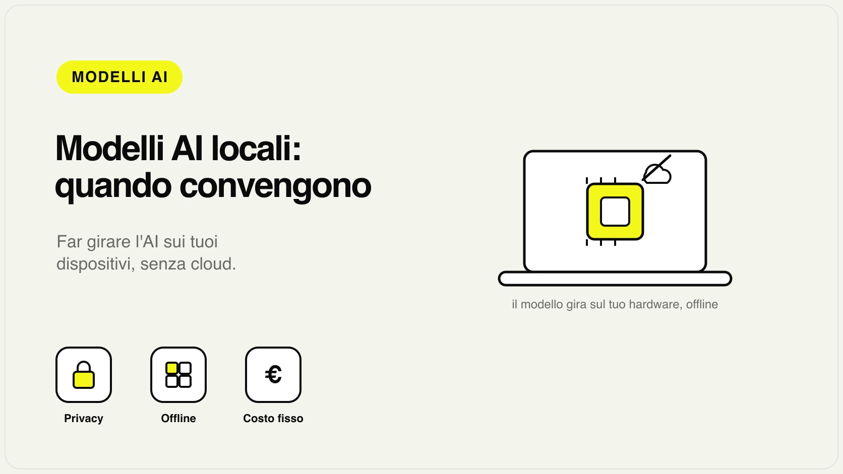 Schema di modelli AI locali in esecuzione su un computer aziendale: dati che restano on-premise senza uscire verso il cloud