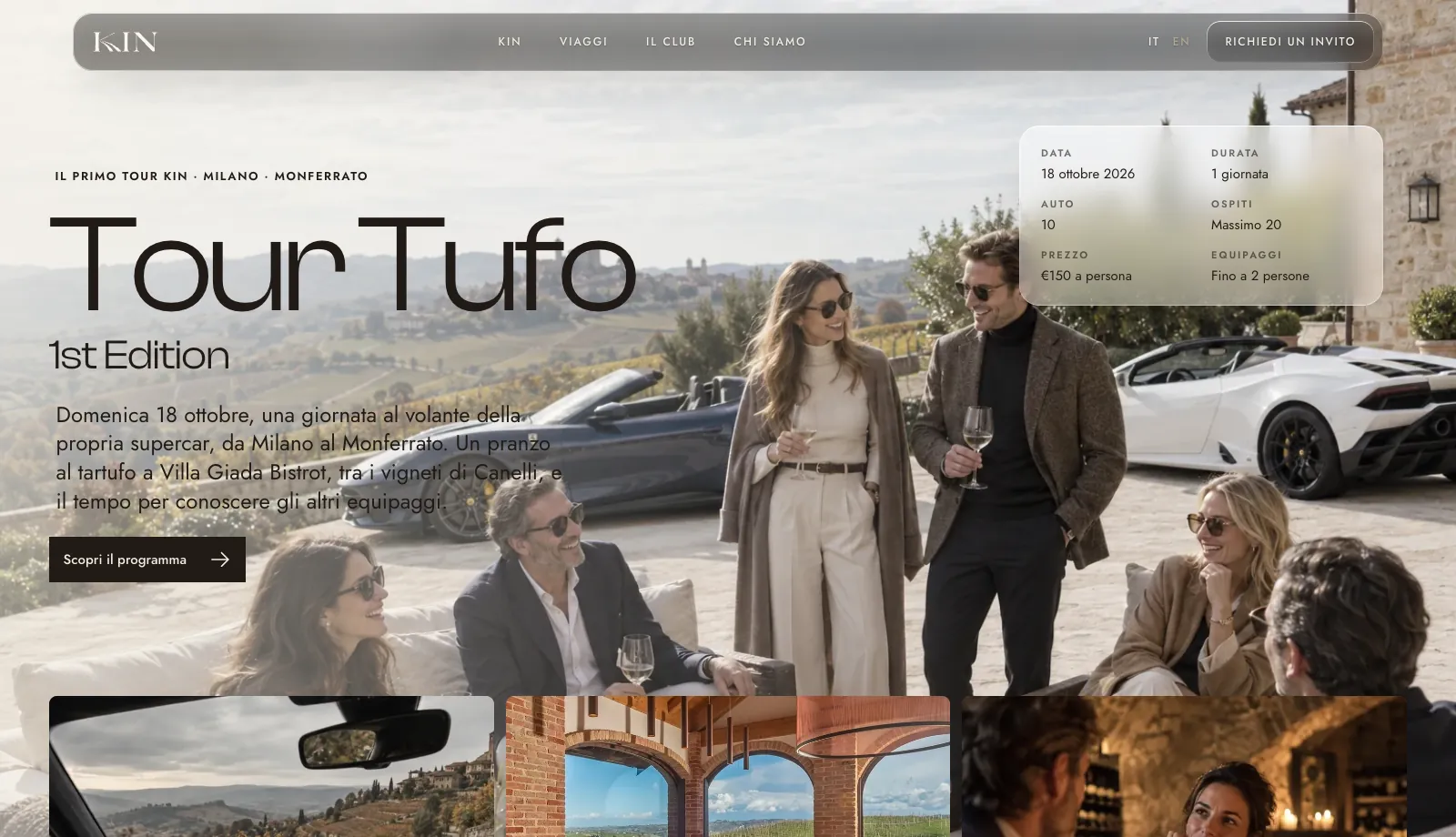 Pagina del Tour Tufo 1st Edition sul sito KIN: ospiti a un aperitivo in una tenuta del Monferrato con due supercar sullo sfondo e un riquadro in vetro con data, durata, auto, ospiti ed equipaggi del tour