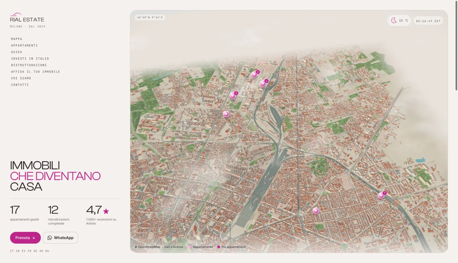 Home del sito Rial Estate: mappa 3D aerea di Milano con i pin rosa degli appartamenti, meteo e ora in alto a destra, il titolo "Immobili che diventano casa" e i numeri su appartamenti gestiti, ristrutturazioni e recensioni